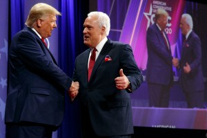President Donald Trump is greeted by Matt Schlapp, Chairman of the American Conservative Union, as the president arrives to speak at the Conservative Political Action Conference, CPAC 2020, at National Harbor, in Oxon Hill, Md., Saturday Feb. 29, 2020.