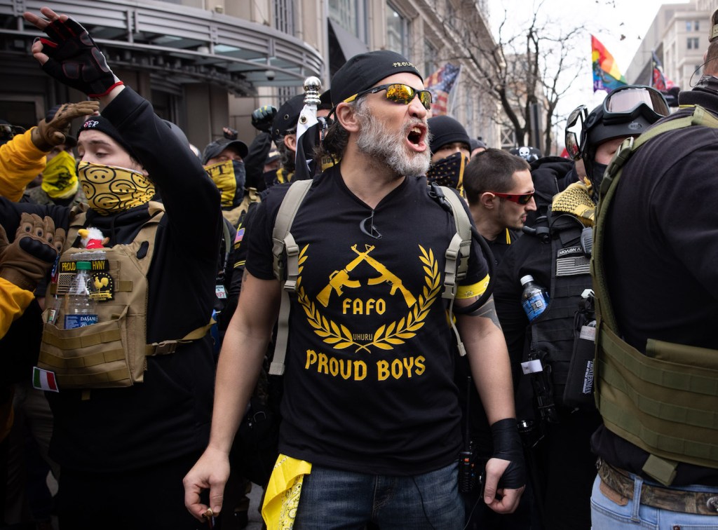 Proud Boy known as "Spazzo" marches on in Washington, DC in support of President Trump on Dec. 12, 2020.